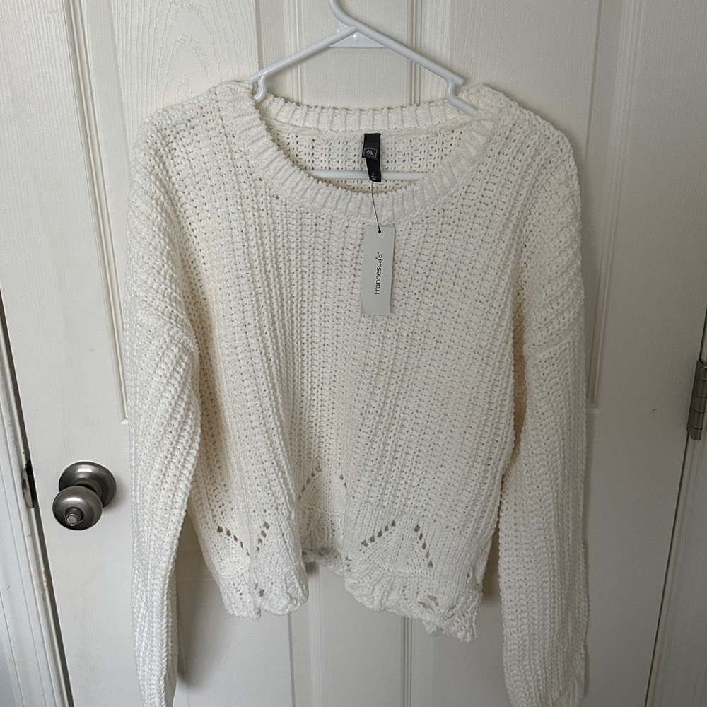 NWT Francesca's - White Knit Cropped Long Sleeve Crew Neck Sweater - Picture 2 of 5